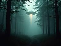 Spaceship landing in a forest emitting bright light in a foggy night, AI generated [IBR125636880]