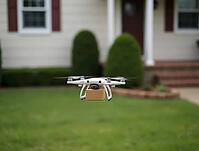 White drone carrying small cardboard box hovering over green lawn in front of suburban home, showcasing future of delivery services, AI generated [IBR125636881]