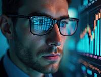 Businessman wearing glasses working late at night analyzing graphs reflected in his eyeglasses, AI generated [IBR125636883]