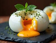 Opened poached egg dome with runny yolk, herbs, and mint presented on a slate plate, creating a gourmet culinary scene, AI generated [IBR125636885]