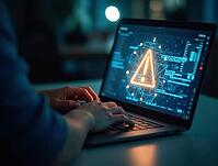 Programmer working on a laptop with a holographic warning sign appearing, AI generated [IBR125636887]
