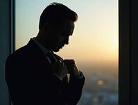 Silhouette of a businessman adjusting his tie near the window of his office at sunset, preparing for important meeting, AI generated [IBR125636888]