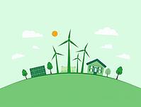 Conceptual illustration promoting green energy and sustainable living, featuring wind turbines, solar panels, and an eco-friendly house, AI generated [IBR125636889]