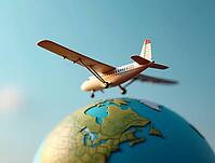 Toy airplane flying over globe against blue sky, symbolizing travel and exploration, AI generated [IBR125636890]