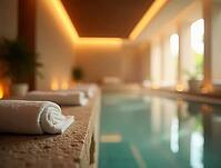 Soft white towels invite relaxation by a tranquil spa pool, creating a serene atmosphere of wellness and pampering, AI generated [IBR125636898]