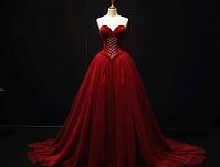 Elegant red velvet gown with a corset bodice displayed on a mannequin against a dark background, perfect for fashion or retail related projects, AI generated [IBR125636900]