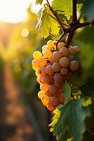Close-up of ripe white grapes hanging on the vine in a vineyard, illuminated by the warm morning sunlight, AI generated [IBR125636903]