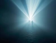 Two people walking on a foggy road towards a bright light, AI generated [IBR125636904]