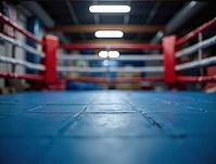 Low angle view of an empty boxing ring with blue mat, red corner, white ropes, and bright lights, AI generated [IBR125636906]