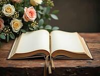 Empty pages of a guest book await condolences and memories at a funeral, beside a bouquet of roses, AI generated [IBR125636910]