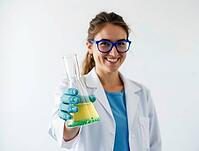 Female scientist wearing lab coat and gloves holding a beaker with colorful liquid in laboratory, AI generated [IBR125636911]