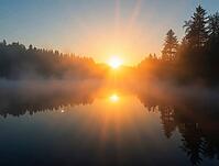 Sun rising over a tranquil lake, creating a mesmerizing scene with golden rays piercing through the morning fog and reflecting in the still water, AI generated [IBR125636912]