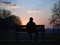 Person sitting alone, gazing at the horizon during sunset, AI generated [IBR125636919]