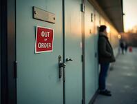 Man waiting in front of a closed public restroom door with an out of order sign, AI generated [IBR125636926]