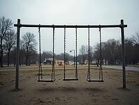 Three swings swaying quietly in a deserted park, AI generated [IBR125636937]