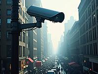 Powerful surveillance camera overlooking bustling city street, capturing activity and enhancing security measures, AI generated [IBR125636939]