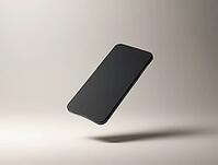 Sleek black smartphone hovering in midair, casting a shadow on a minimalist backdrop, dramatically lit, AI generated [IBR125636944]