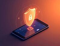 Mobile security concept with smartphone and shield with padlock hovering above symbolizing data encryption and cybersecurity, AI generated [IBR125636946]