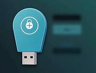 Usb security key with plus and lock symbols guaranteeing online safety over blurred login area, AI generated [IBR125636947]