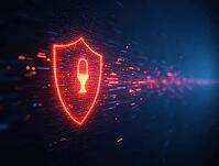 Red glowing shield with keyhole protects against incoming data streams, ensuring digital security and data protection, AI generated [IBR125636949]