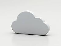 Simple white 3d cloud symbol representing cloud computing, data storage, and online services, resting on a reflective white surface, AI generated [IBR125636950]