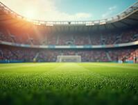 Vibrant green soccer field close-up with blurred stadium, cheering fans, and goalposts in background during sunny day, AI generated [IBR125636952]
