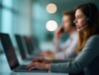 Customer service representatives working with laptops and headsets in a blurred office environment, AI generated [IBR125636954]