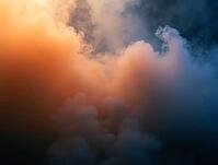 Smoke and fine dust particles illuminated by a single warm-toned light source creating a surreal and evocative atmosphere, AI generated [IBR125636960]