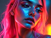 Close-up of a model with vibrant neon makeup and glitter, showcasing a futuristic and artistic look, AI generated [IBR125645853]