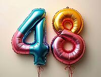Colorful metallic balloons forming the number forty-eight floating against a light beige background, AI generated [IBR125645854]
