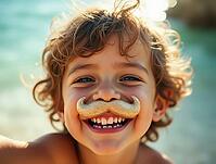 Happy child with curly hair playing with a fake gold mustache and smiling at the beach on a sunny summer day, AI generated [IBR125645855]
