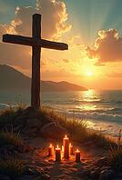 Five lit candles illuminate a wooden cross on a rocky beach at sunset, creating a serene and spiritual atmosphere, AI generated [IBR125645856]