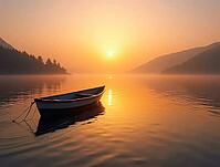 Small wooden fishing boat floating on calm lake reflecting the golden sunset light with misty mountains in the background, AI generated [IBR125645861]