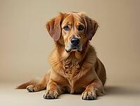 Studio shot of golden retriever dog lying on seamless background, AI generated [IBR125645862]