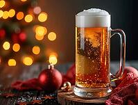 Frosty mug of beer standing on wooden table with christmas decorations and blurred lights celebrating holidays, AI generated [IBR125645864]