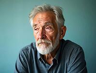 Senior man with grey hair and beard lost in thought, conveying a sense of sadness and contemplation, AI generated [IBR125645865]
