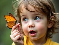 Young kid experiencing wonder while observing a monarch butterfly resting on their finger, AI generated [IBR125645866]