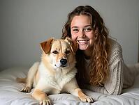 Happy teenage girl lying on a white blanket and cuddling with her adorable mixed-breed dog, AI generated [IBR125645867]