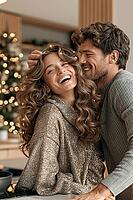 A laughing couple shares an affectionate moment with fairy lights beside a warmly lit Christmas tree. AI generated [IBR125645869]