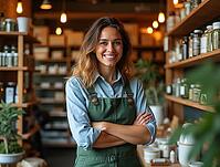 Portrait of a cheerful shop assistant working in a cannabis store, posing with arms crossed and smiling, AI generated [IBR125645870]