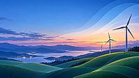 Wind turbines on rolling green hills overlook a lake and distant mountains in pink evening light, AI generated [IBR125645871]