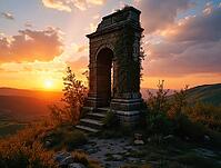 Partially ivy-covered historic monument standing on a hill during a breathtaking sunset, AI generated [IBR125645872]