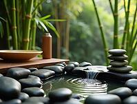 Tranquil spa scene featuring a small water fountain, smooth pebbles, bamboo accents, and a wooden surface with a plate and bottle, creating a peaceful and relaxing atmosphere, AI generated [IBR125645874]
