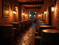 Wooden barrels used as tables in a cozy pub illuminated by warm lanterns, creating a vintage and inviting atmosphere, AI generated [IBR125645876]