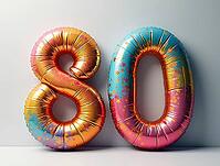 Vibrant and colorful balloons form the number 80, celebrating an eightieth birthday or anniversary, AI generated [IBR125645877]