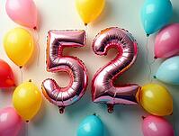 Pink foil balloons forming number 52 surrounded by colorful balloons, celebrating a fifty-second birthday, AI generated [IBR125645878]