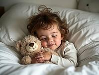 Cute child waking up and hugging teddy bear in bed in the morning, AI generated [IBR125645883]