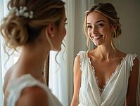 Beautiful young bride with hairstyle and makeup looking at her reflection in a mirror and smiling getting ready for her wedding day, AI generated [IBR125645884]