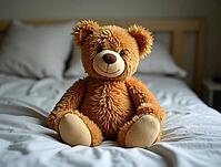Brown teddy bear offers comfort and security on a neatly made child's bed, AI generated [IBR125645885]