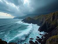 Powerful ocean waves are crashing against a rugged coastline with sharp cliffs and a dramatic sky filled with swirling clouds, AI generated [IBR125645886]